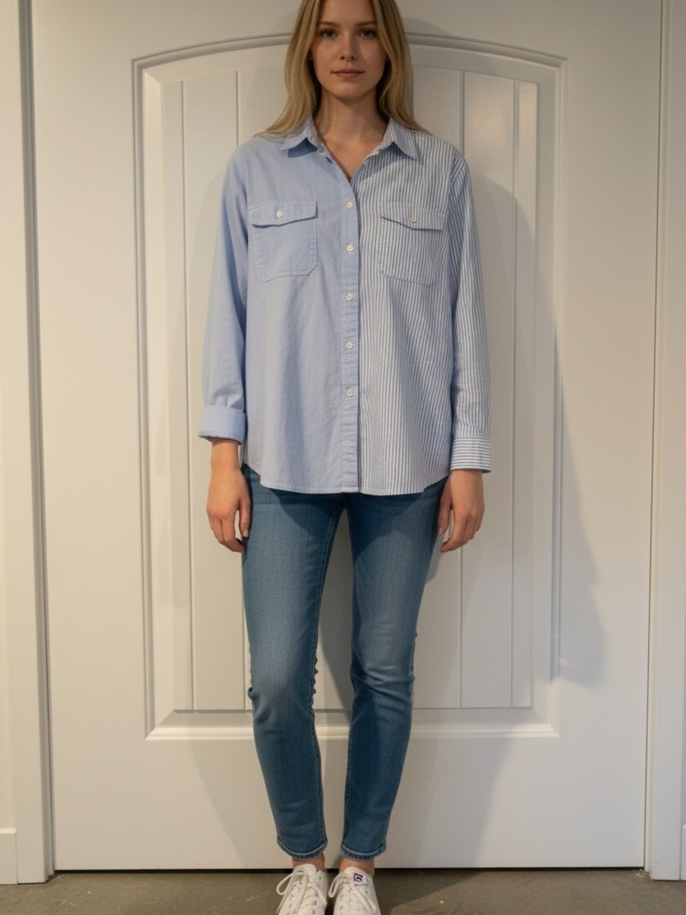 St. John’s Bay XL Blue White Mixed Stripe Stretch Cotton Button Down
